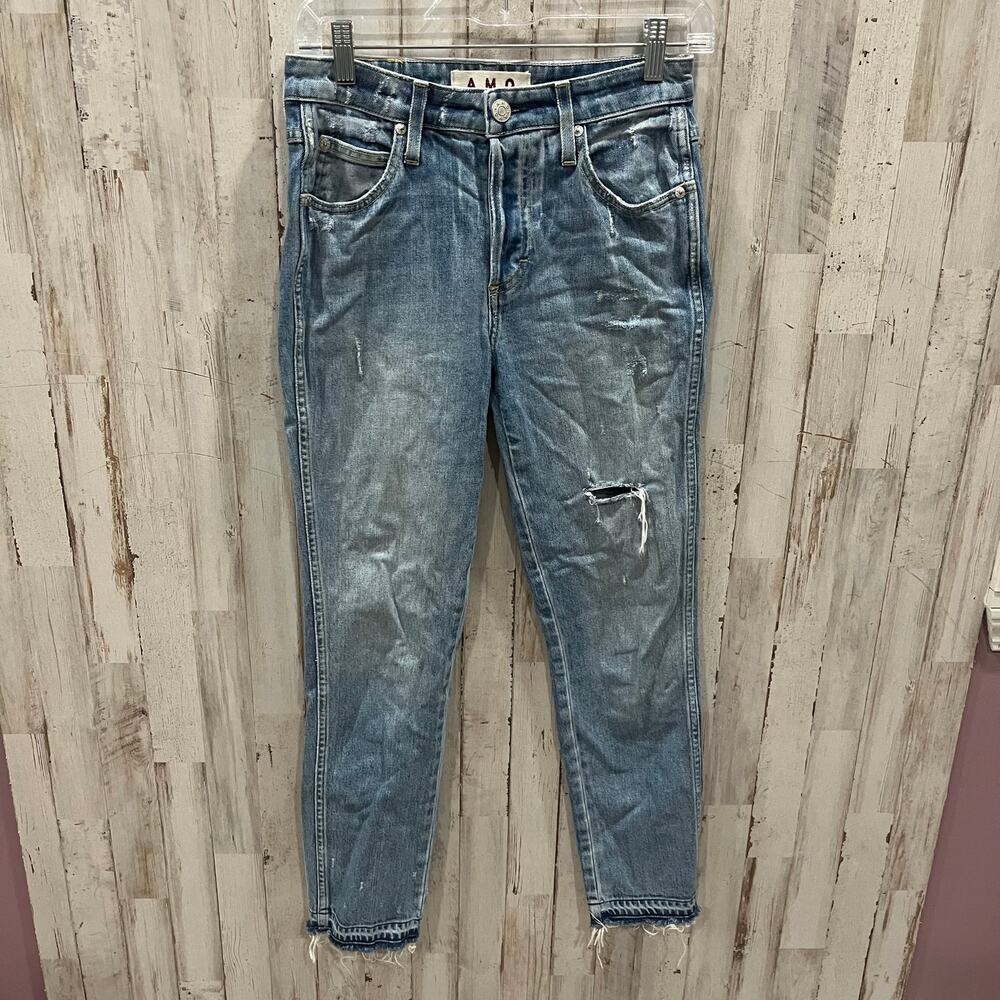 AMO Babe‎ Sweet Cheeks Jeans Women's 27 Blue Raw Hem Button Fly Ankle Denim